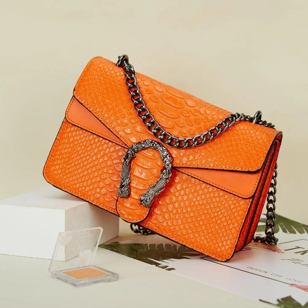 ⚡ Women's Orange Leather Vintage Snake Print Crossbody Square Satchel Handbag